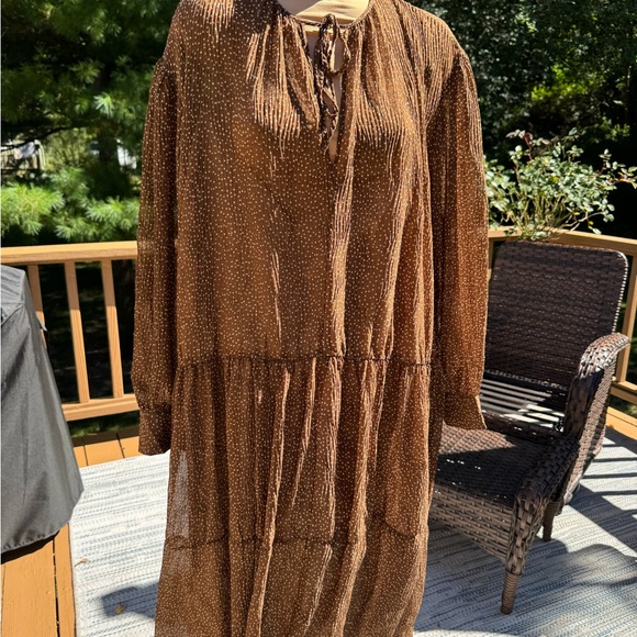 Vince Dot Shirred Semi Sheer Long Sleeve Elegant Brown Midi Dress, size 3X, NWTS - Picture 3 of 15